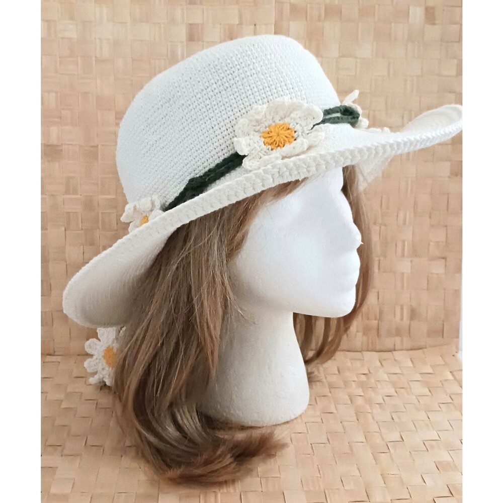 NEW White Cotton Crochet Wide Brim Hat Crochet Daisy Hatband Handmade Wire Brim